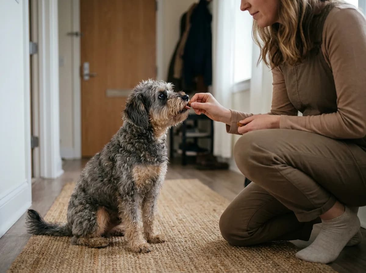 Woman kneeling to reward a small gray dog sitting on an entryway rug.