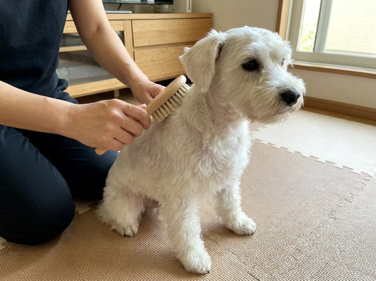 Person brushing a small cream dog seated on a nonslip indoor mat.