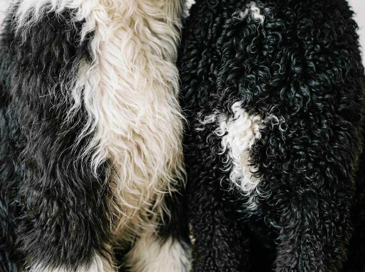 Close crop comparing loose shaggy black fur against tighter curly fur in one frame