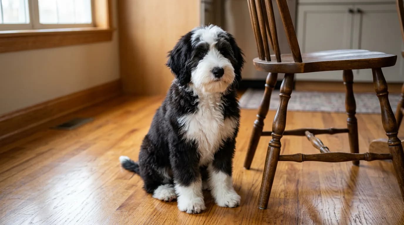Small black and white Sheepadoodle sitting on a hardwood floor beside a wooden dining chair