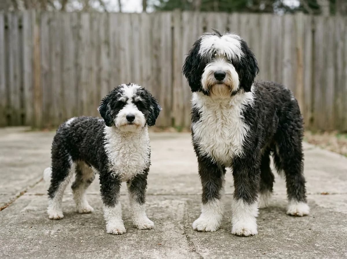Two black and white Sheepadoodles of clearly different sizes standing on concrete by a fence