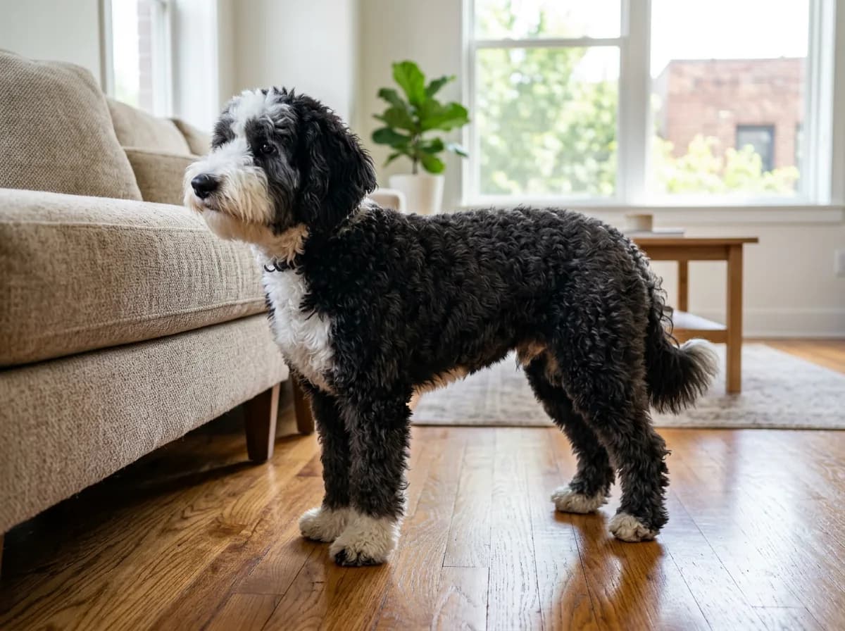 Small black and white Sheepadoodle standing on hardwood flooring beside a sofa in a bright apartment