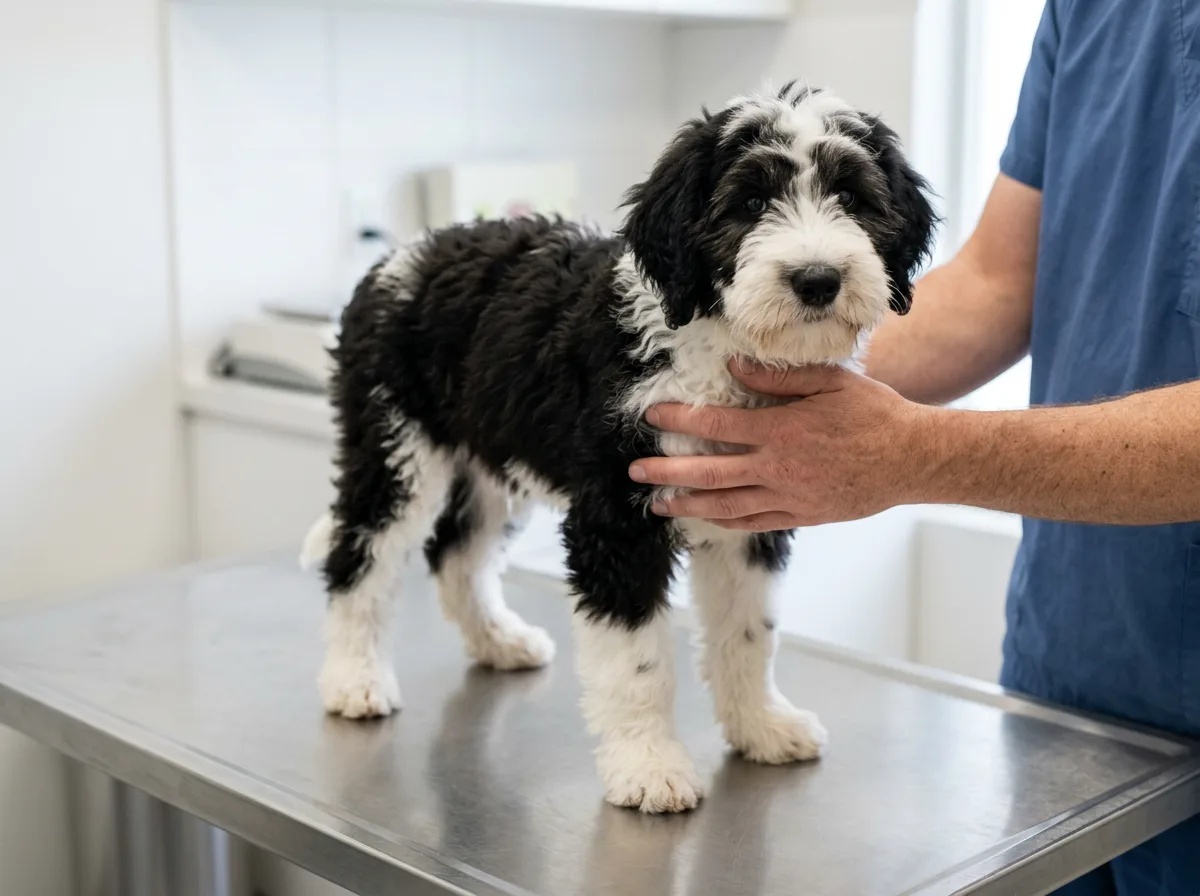 Black and white puppy standing on a stainless exam table while a veterinarian's hands steady its chest