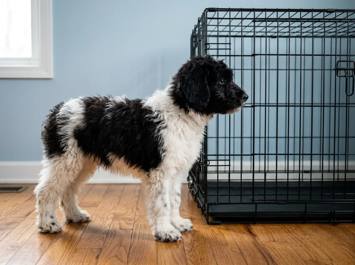A black and white mini Sheepadoodle standing in profile beside a tall black wire crate, shorter than the crate