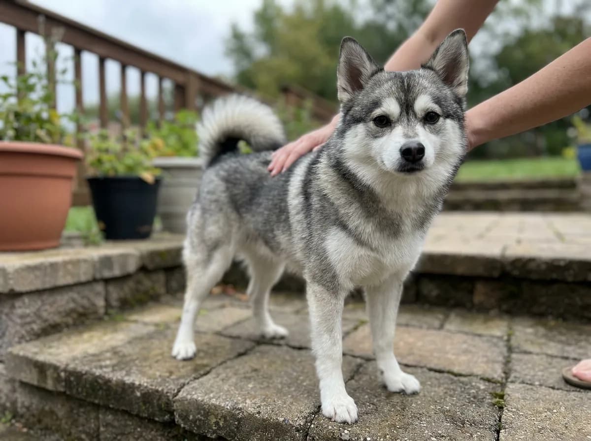 Illustrated compact gray-and-white dog standing on a garden terrace.
