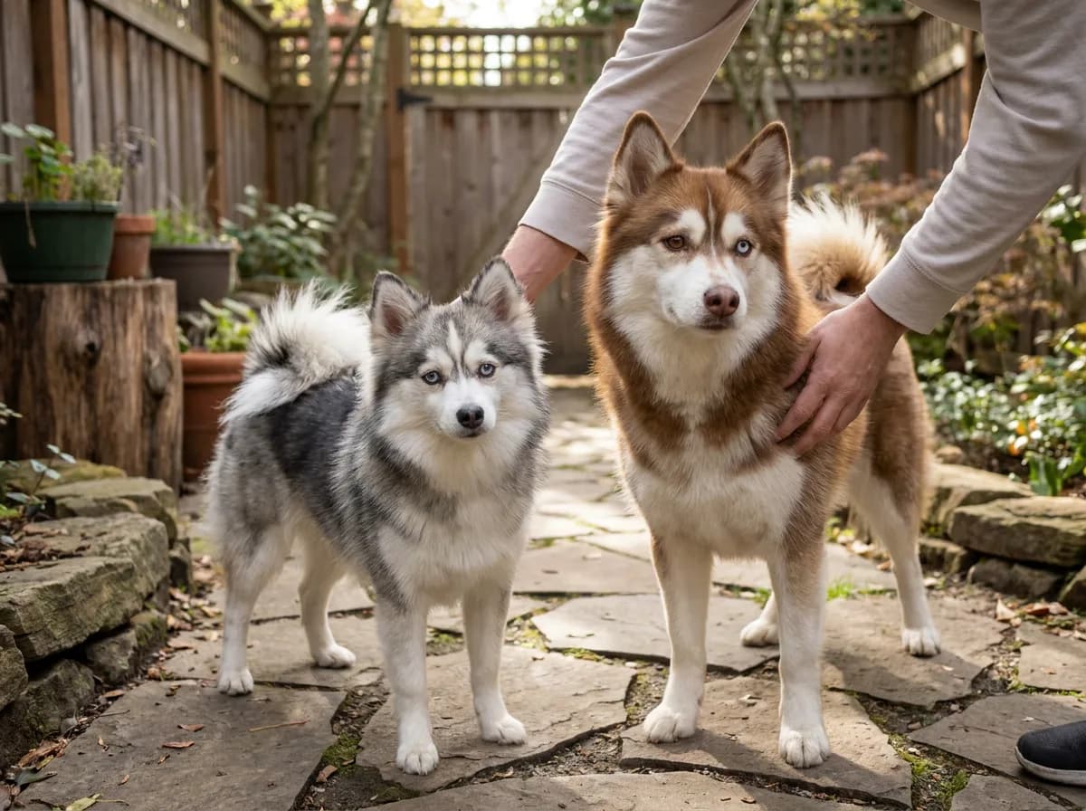 Illustrated smaller gray-and-white and larger red-and-white dogs standing beside a person.