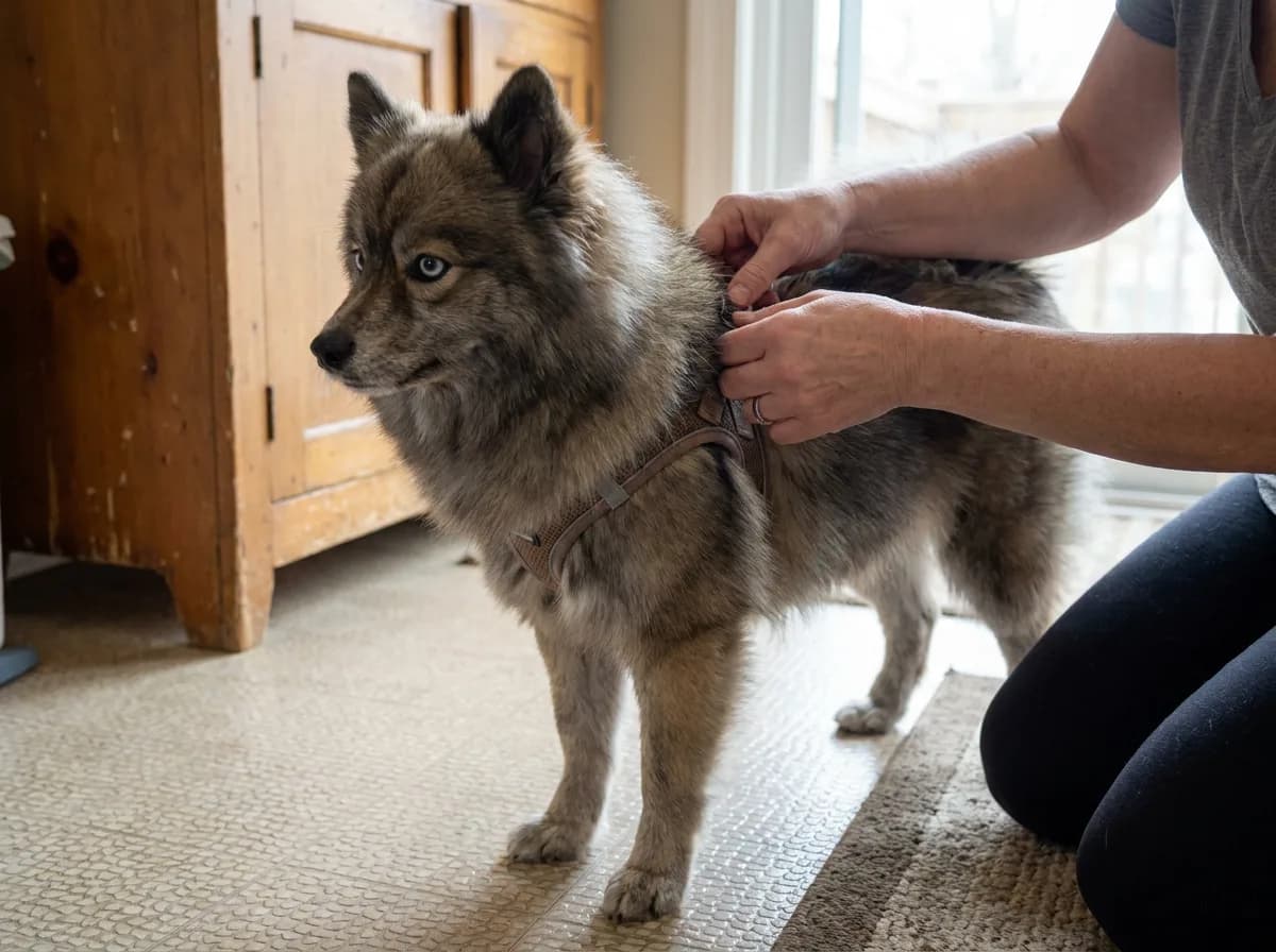 Illustrated brown fluffy dog having a harness adjusted on a carpet.