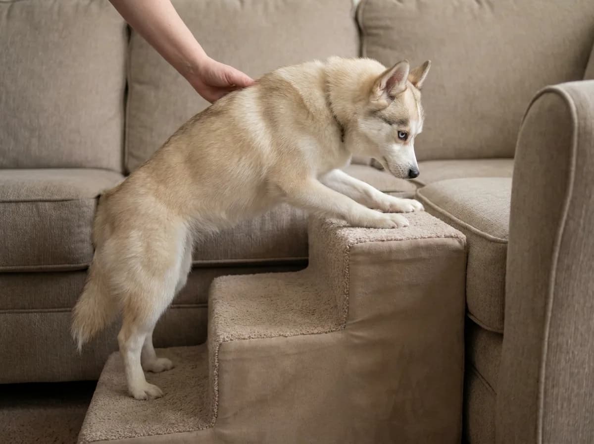 Illustrated cream dog using a broad step beside a sofa.