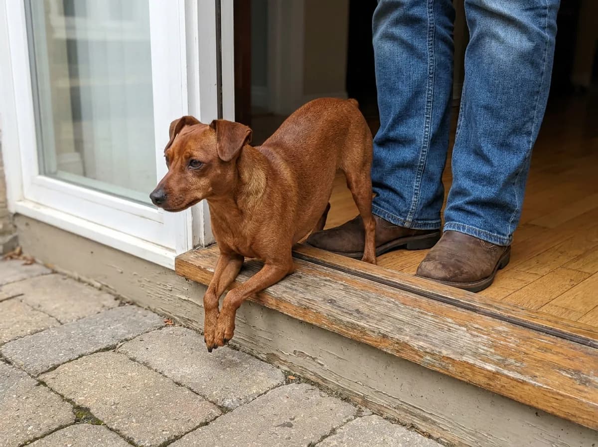 Small red Miniature Pinscher lying across a doorway beside an adult's boots.