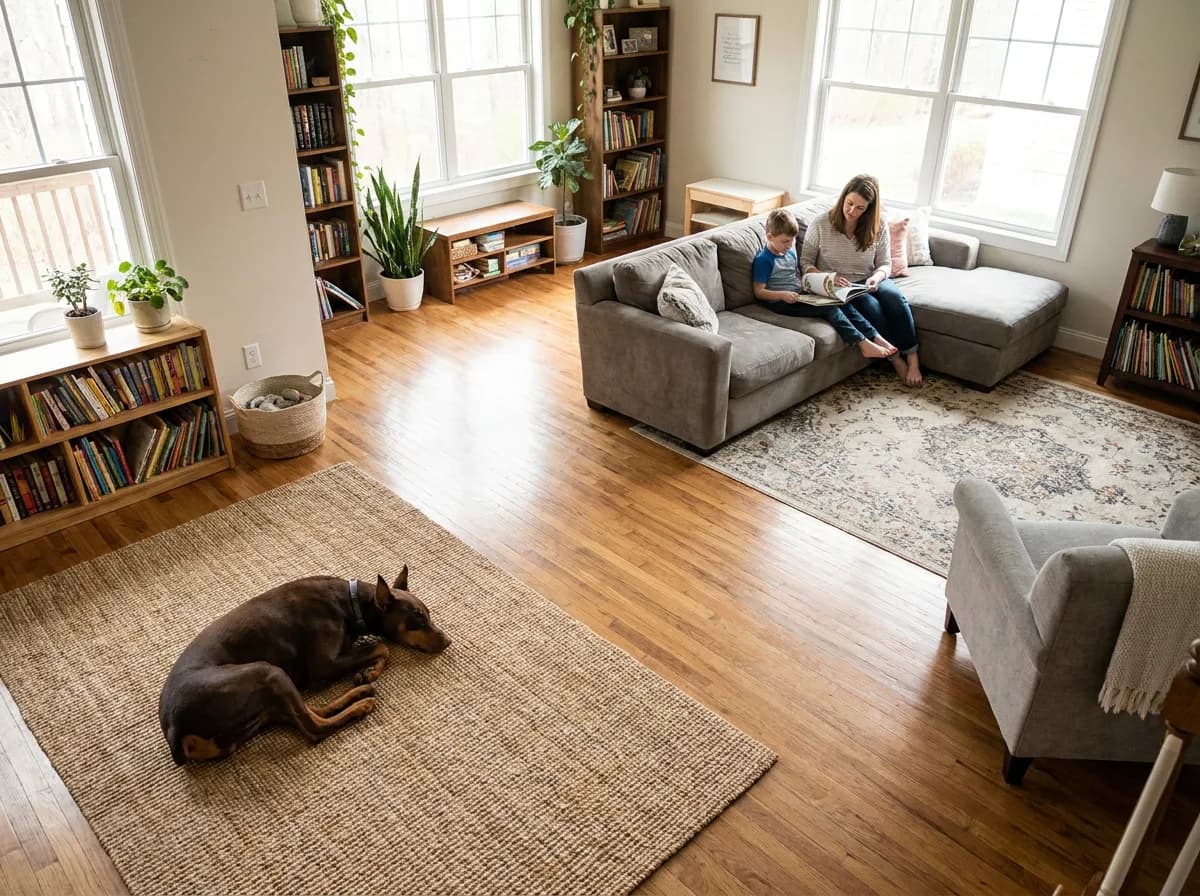 Brown Doberman resting on a rug while an adult and child sit across the living room.