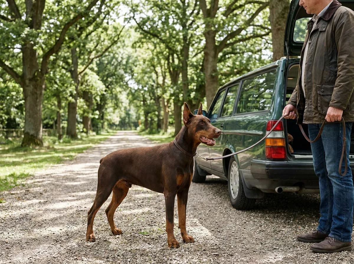 Brown Doberman standing on a lead beside an adult and a parked car.