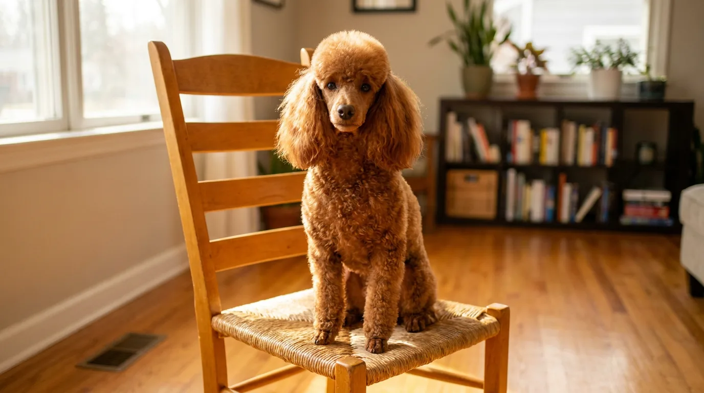 Adult red Miniature Poodle sitting upright on the rush seat of a wooden dining chair in a sunlit living room