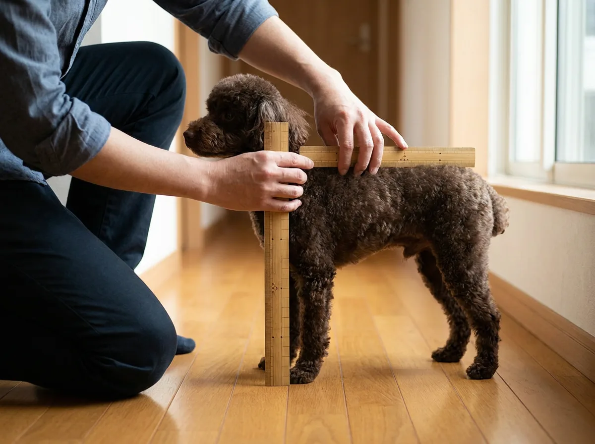Person kneeling on a wood floor, measuring a chocolate brown Miniature Poodle's shoulder height with two wooden rulers