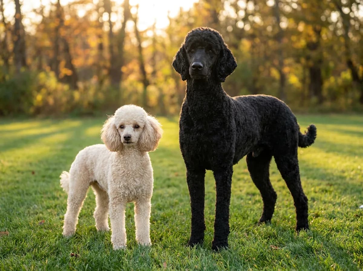 Cream Miniature Poodle standing beside a much taller black Standard Poodle on a sunlit lawn
