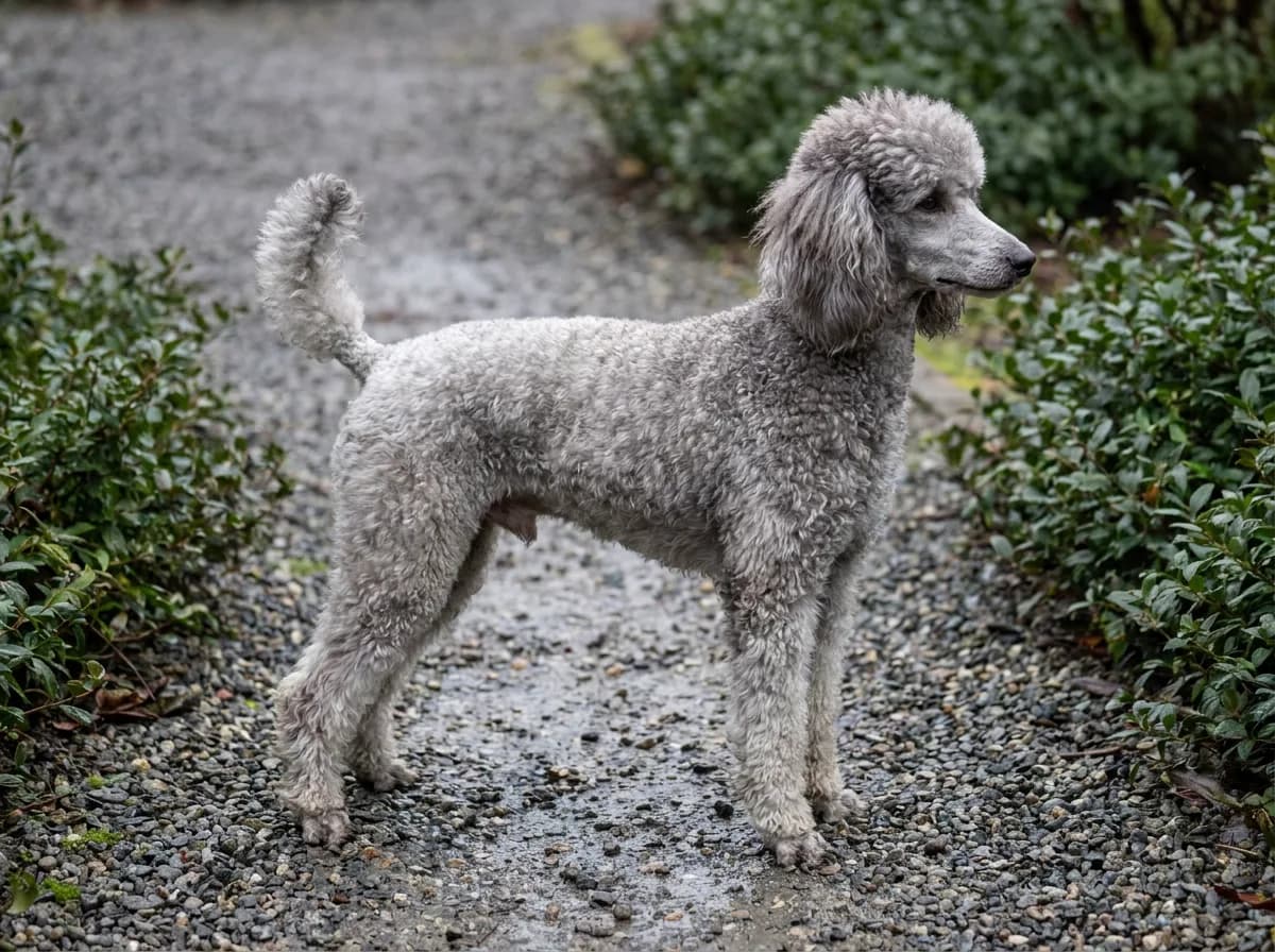 Silver Miniature Poodle in side profile on a gravel path, with a short curly clip, long ears and a high, curled tail