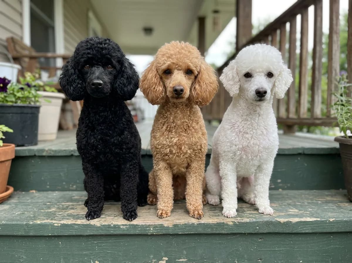 Black, apricot and white Miniature Poodles sitting side by side on a green porch step, each with a black nose