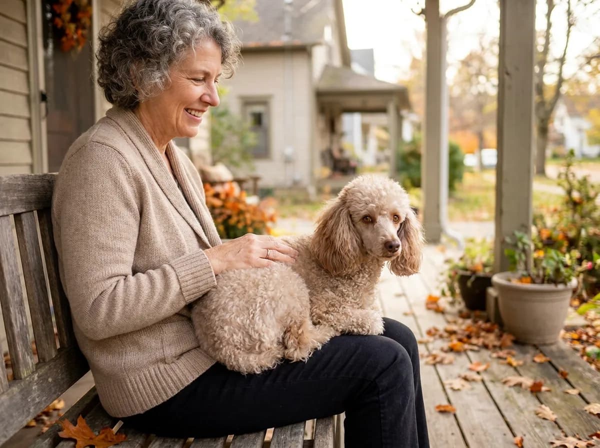 Smiling older woman on a porch bench with a cafe au lait Miniature Poodle resting on her lap