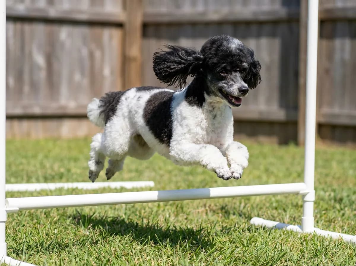 Black and white parti Miniature Poodle leaping over a low white agility bar in a fenced backyard