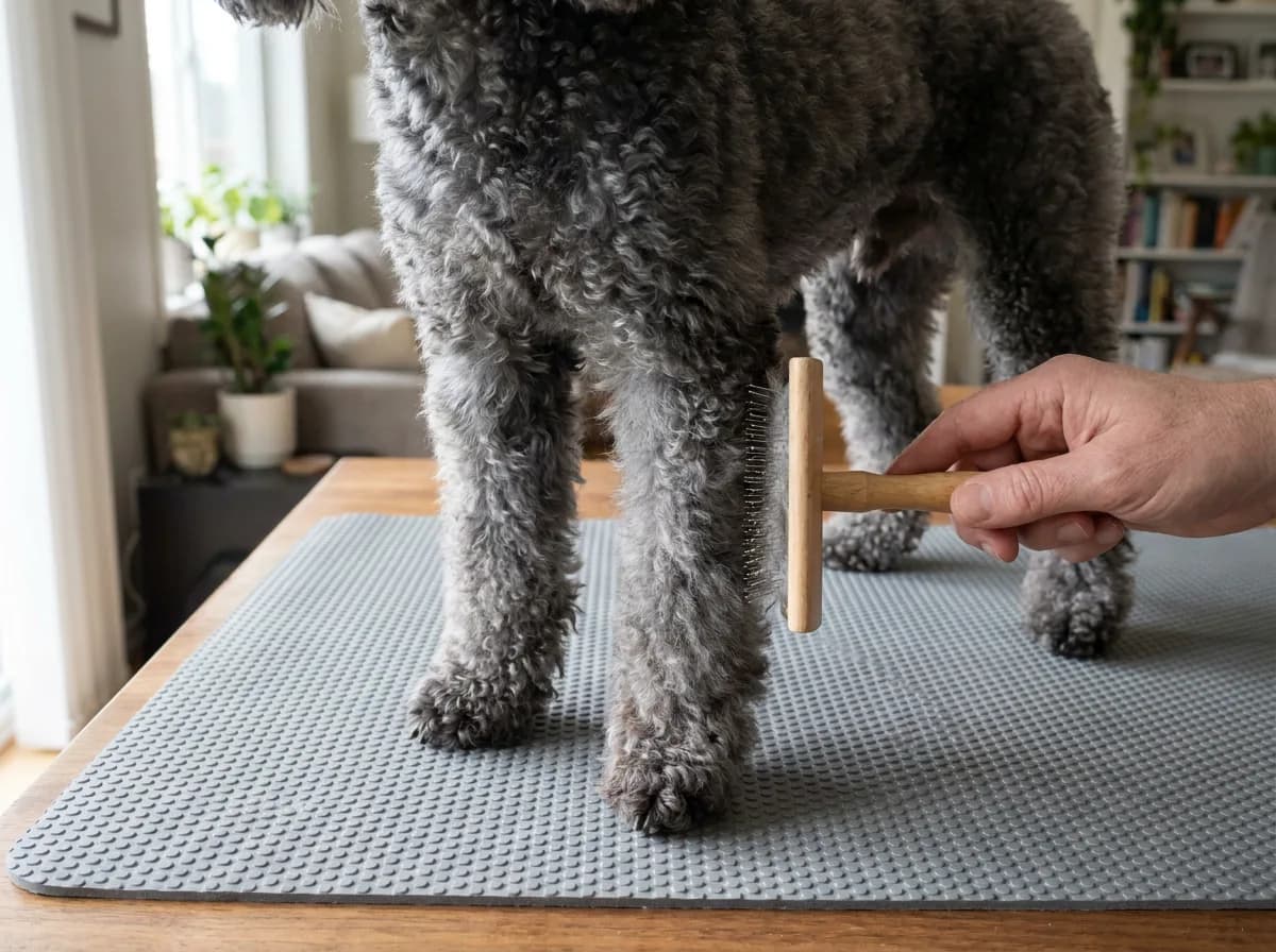 Hand brushing a gray Miniature Poodle's curly front leg with a wooden slicker brush on a non-slip mat