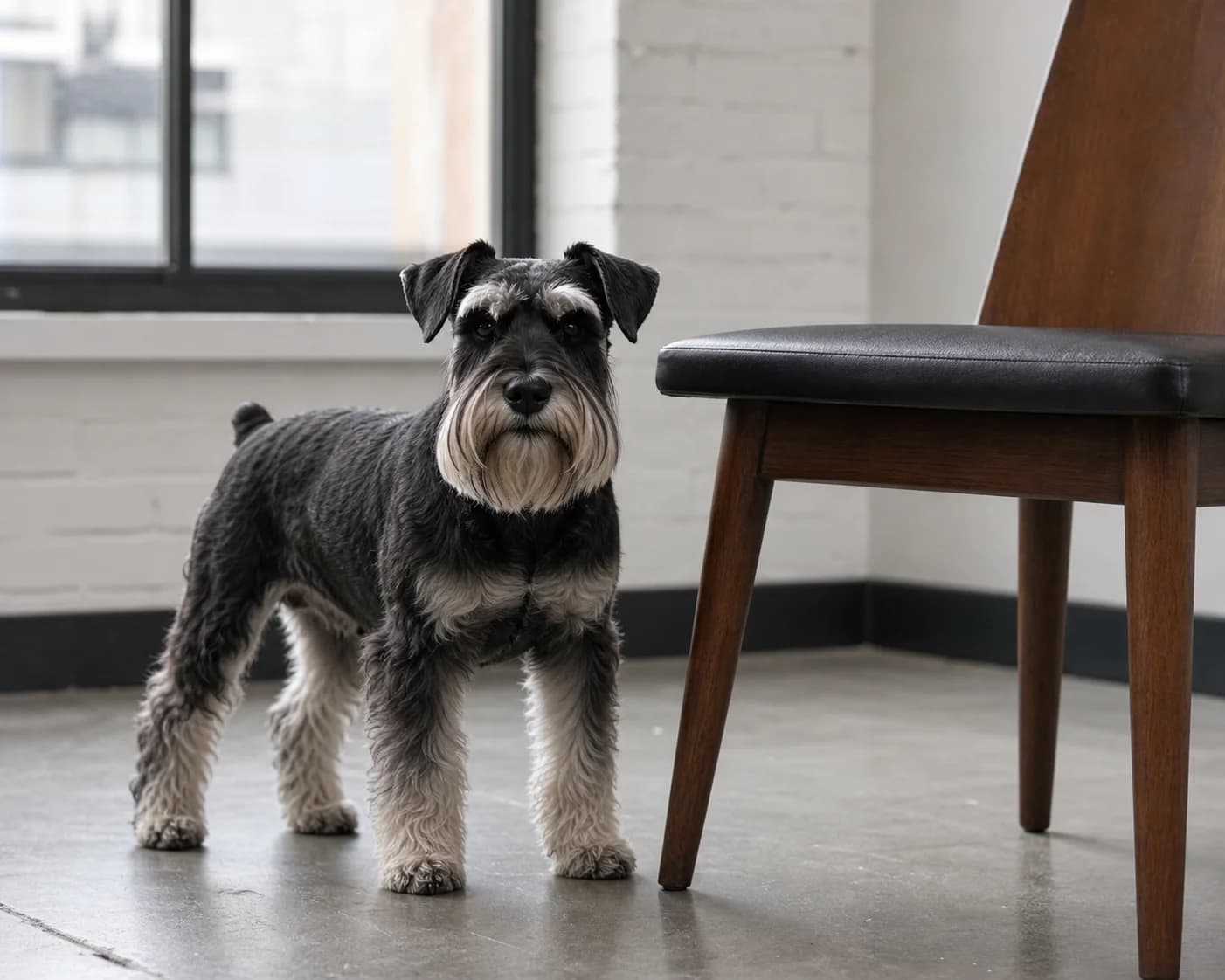 Adult Miniature Schnauzer standing beside a dining chair to show honest household scale