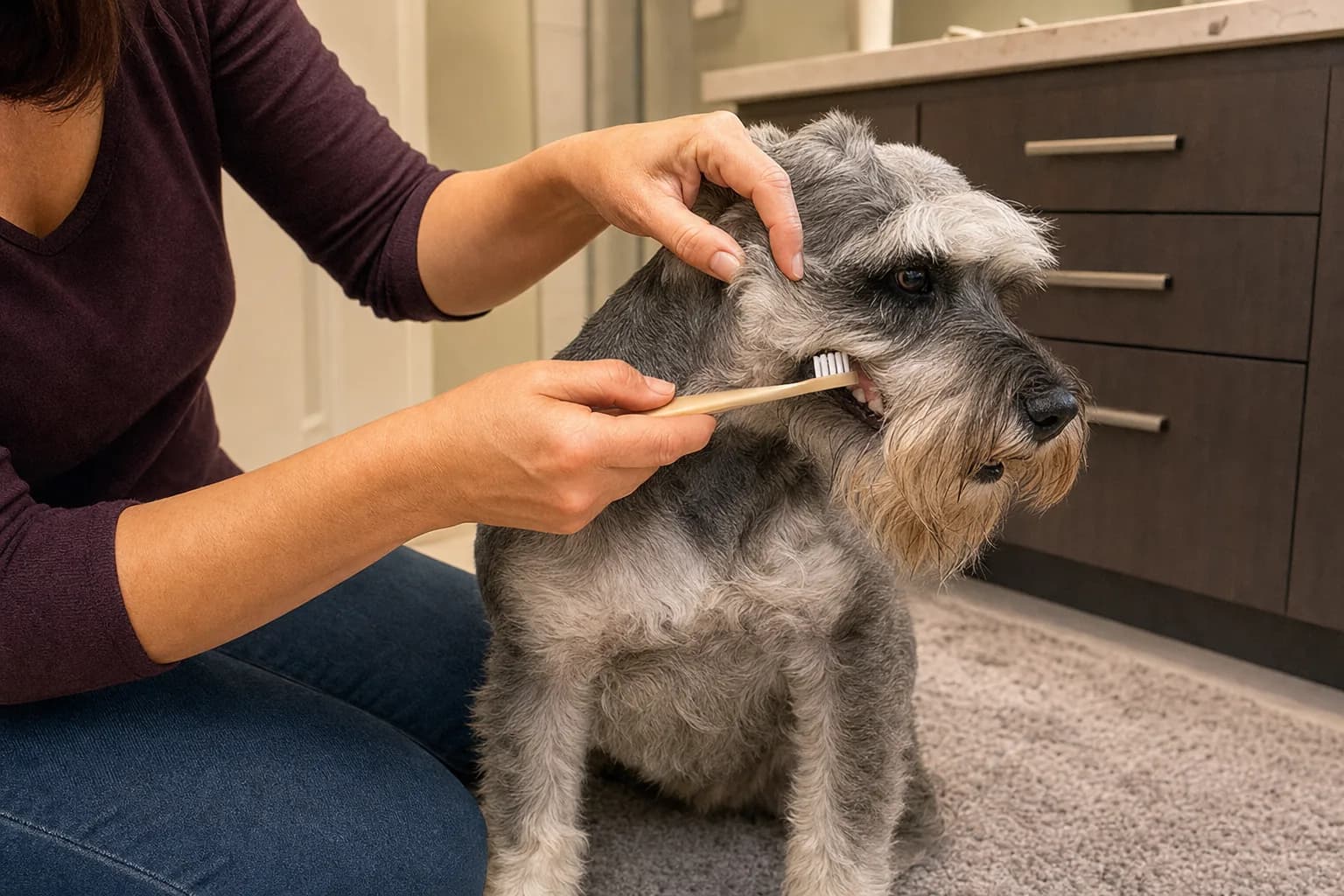 Owner gently introducing a dog toothbrush to a relaxed Miniature Schnauzer