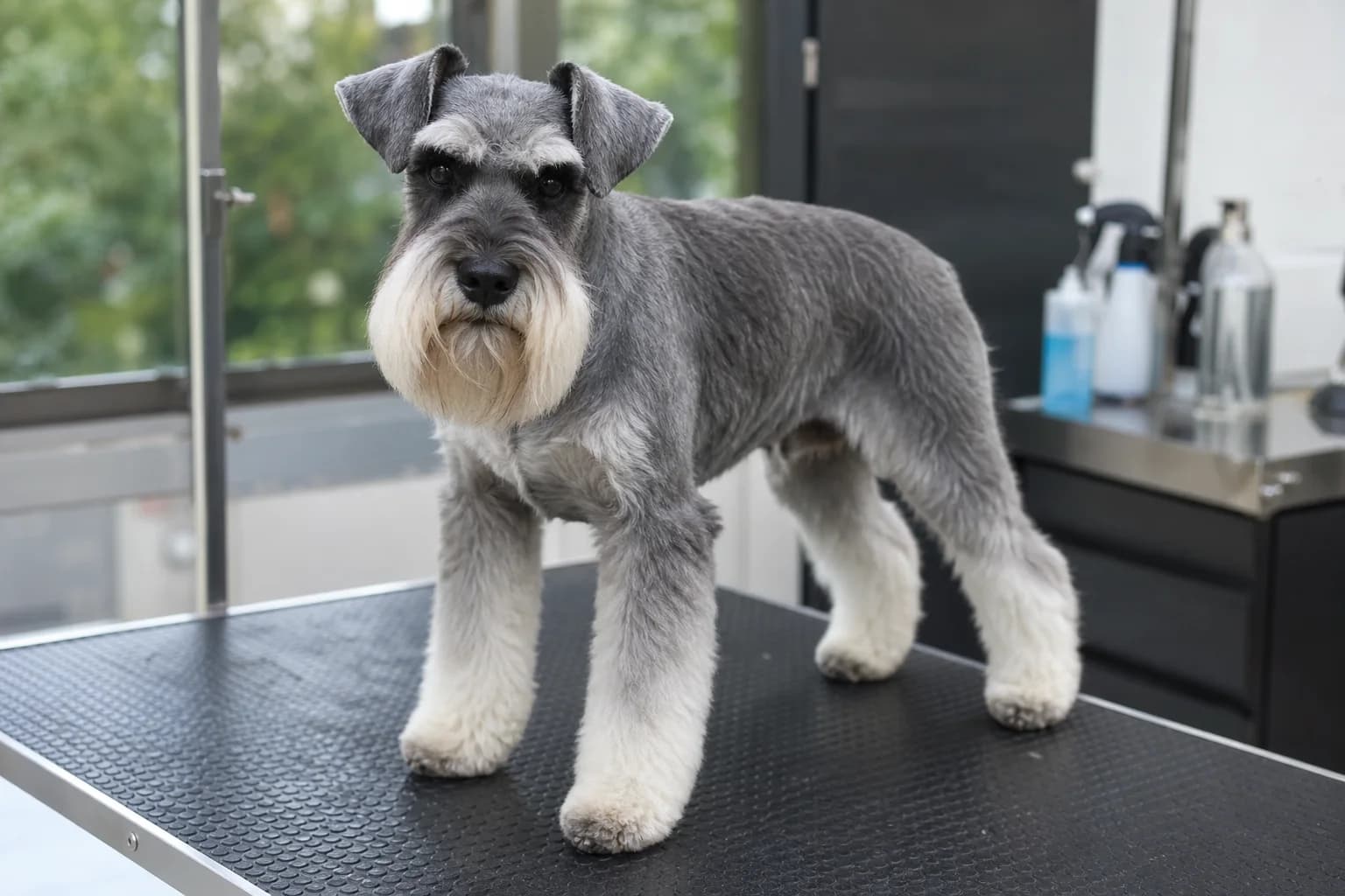 The classic Miniature Schnauzer outline in a real grooming setting