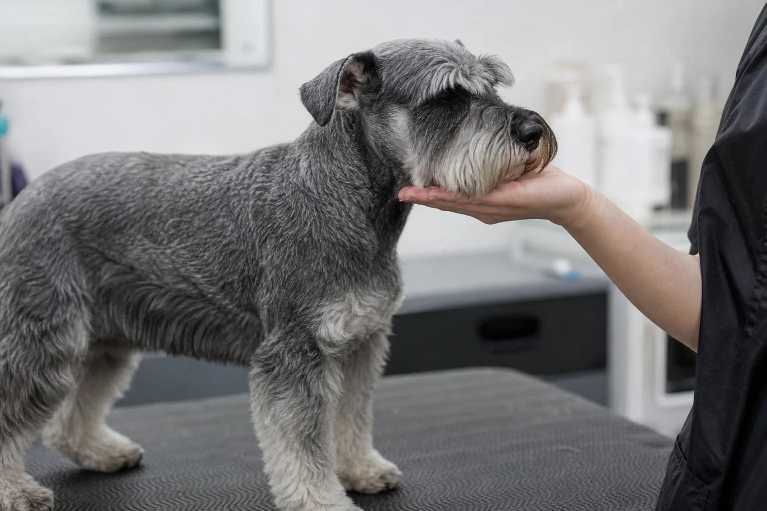 Miniature Schnauzer offering a voluntary chin rest during a paused grooming session