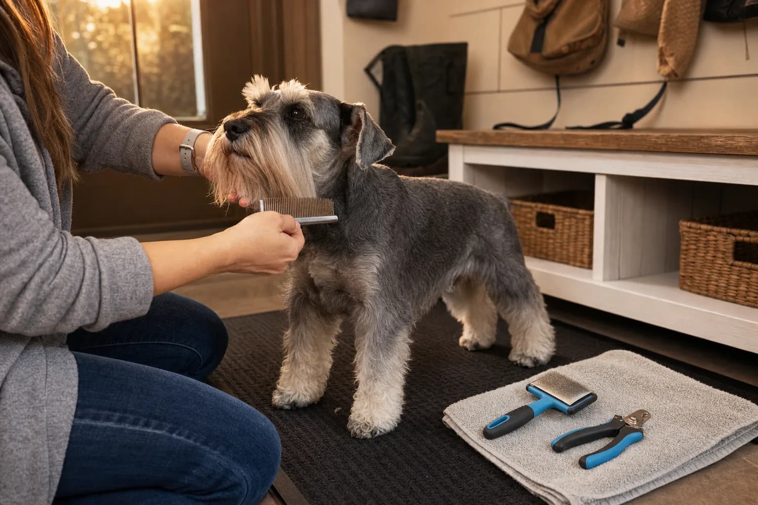 Owner brushing a Miniature Schnauzer's beard with grooming tools organized nearby