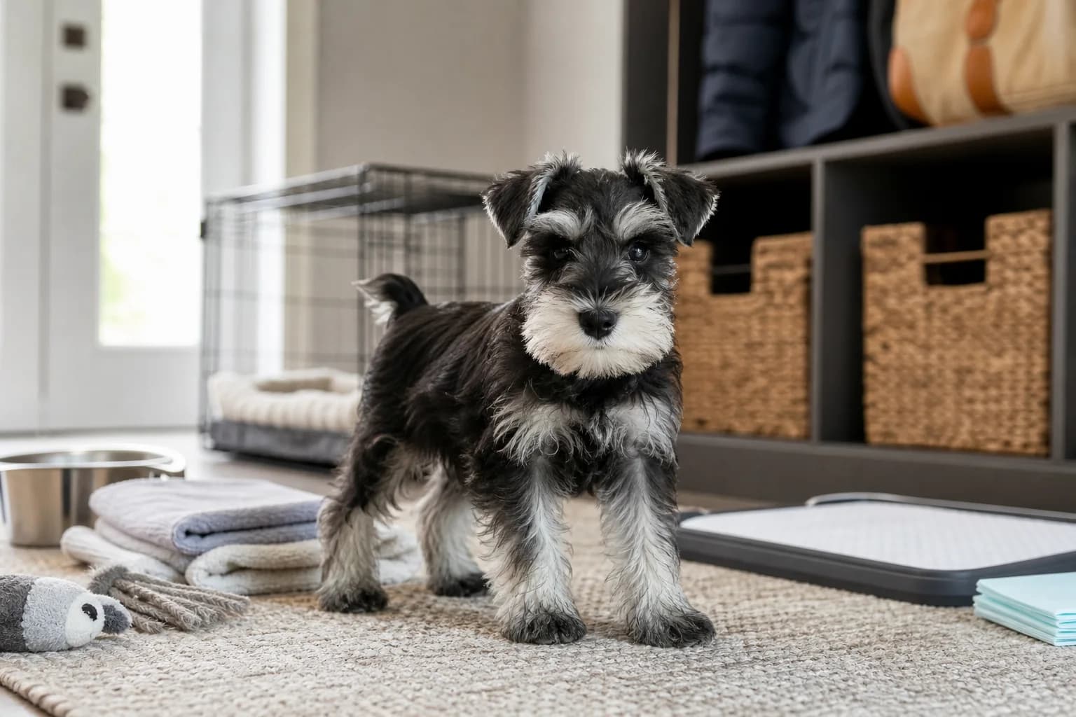 An alert Miniature Schnauzer puppy in a safe, ordinary home