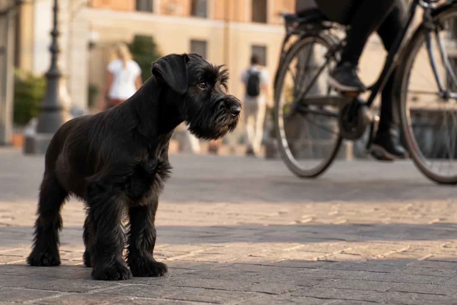 Young black Miniature Schnauzer observing people and bicycles from a safe distance outdoors