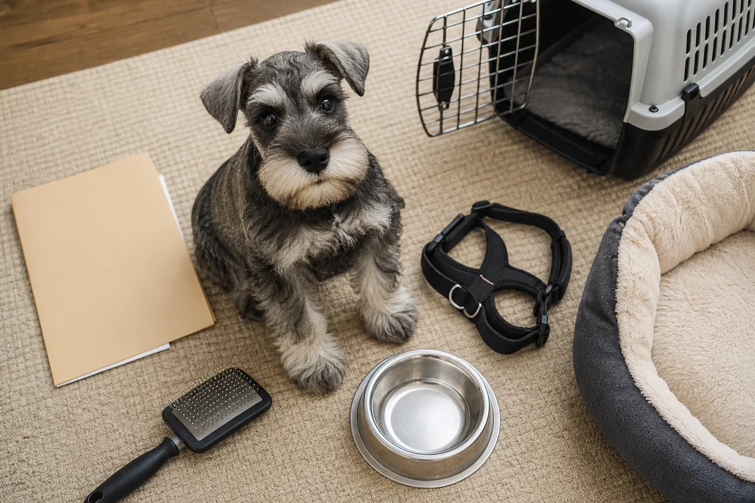 A practical first-night setup with crate, water, and chew management