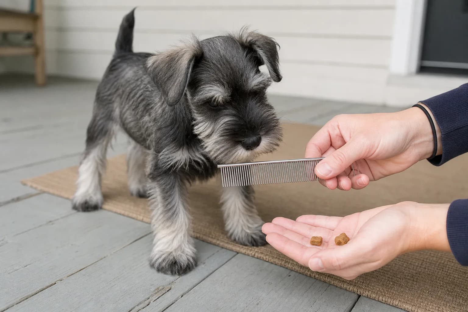 Miniature Schnauzer puppy being introduced to a metal comb with treats on a porch