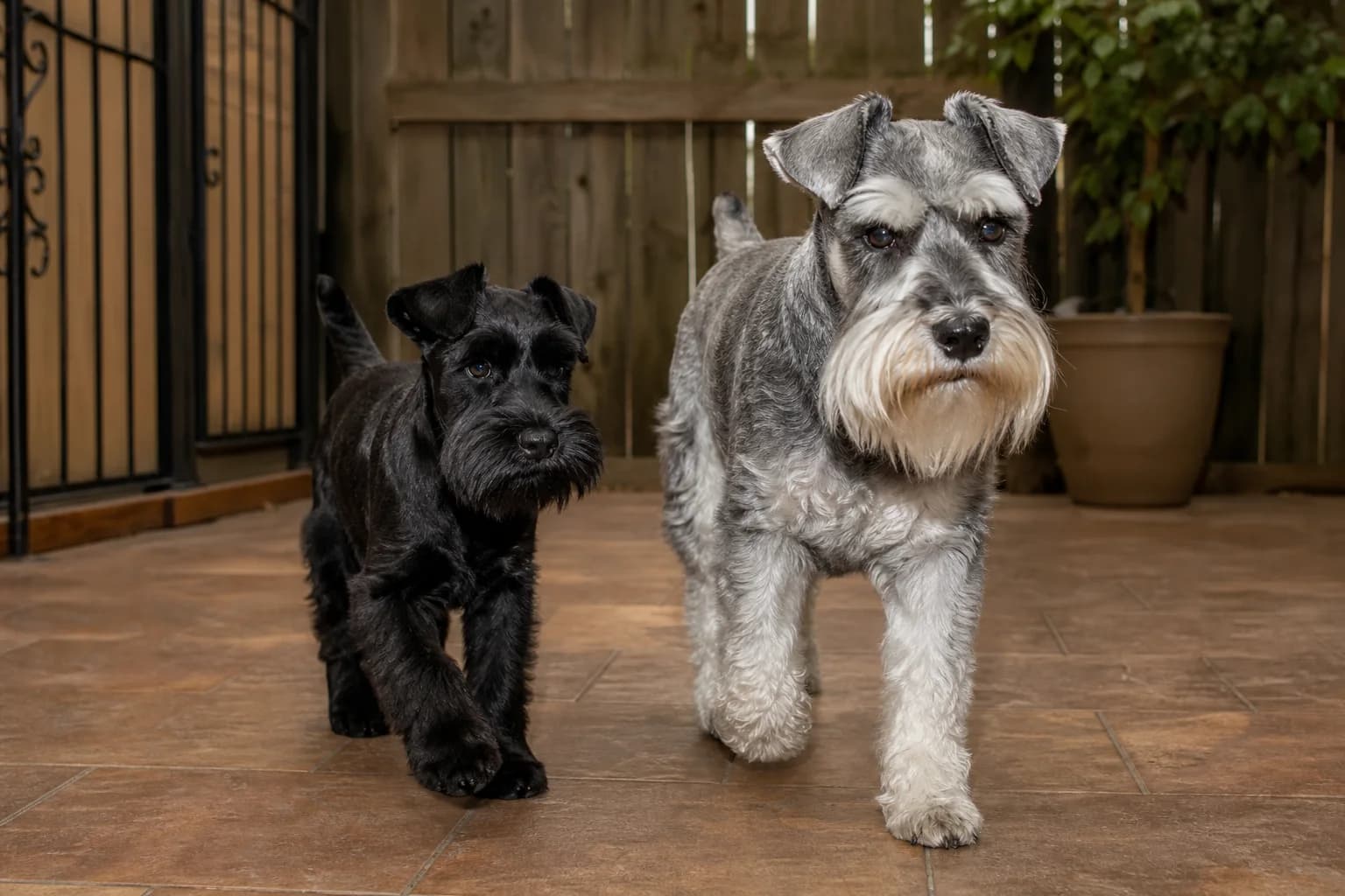 Young and adult Miniature Schnauzers walking together to show growth-stage differences