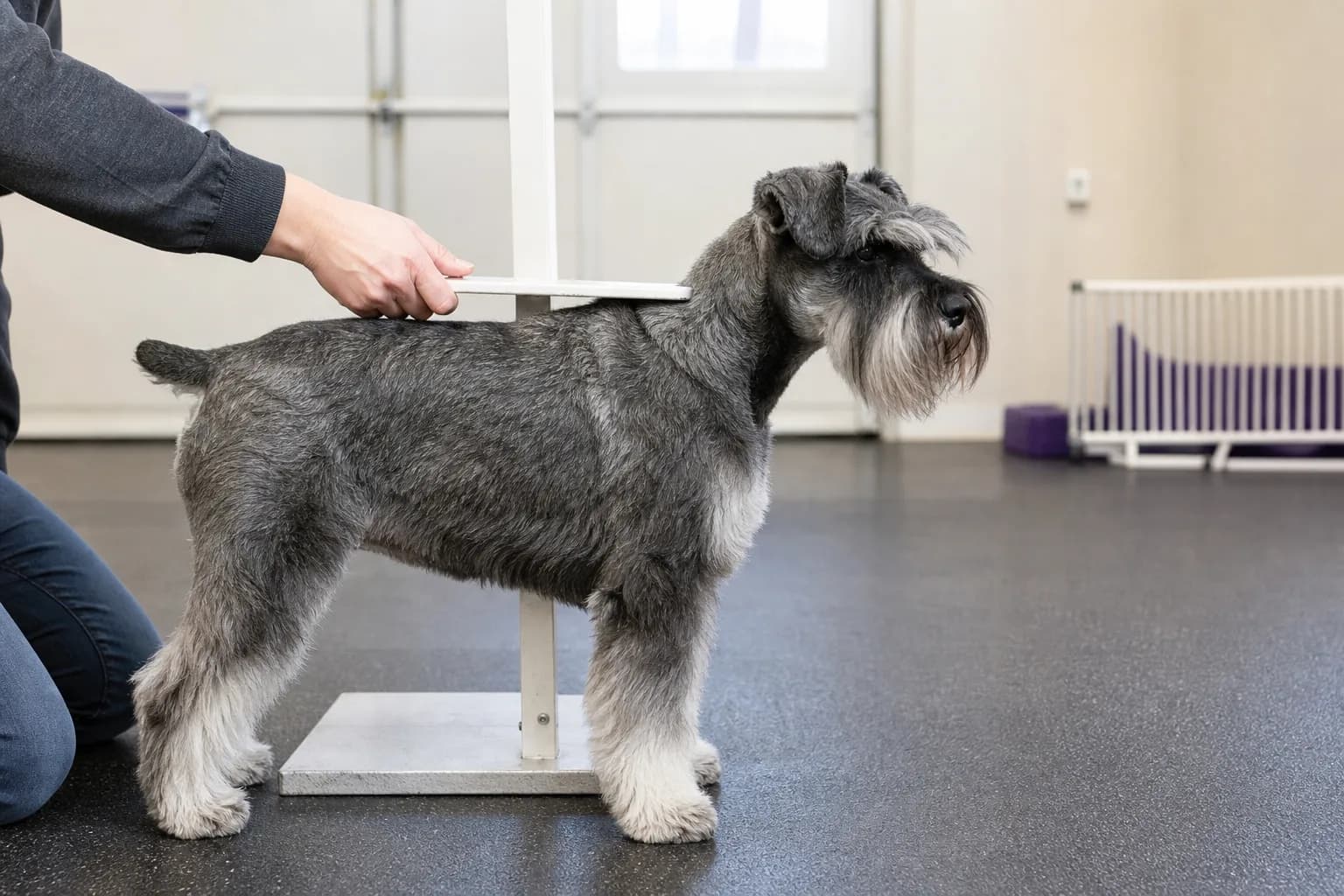 Adult Miniature Schnauzer standing square beside a simple height measuring stick