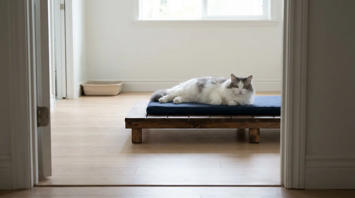 White and gray longhaired cat resting on a low wooden platform with a navy cushion.