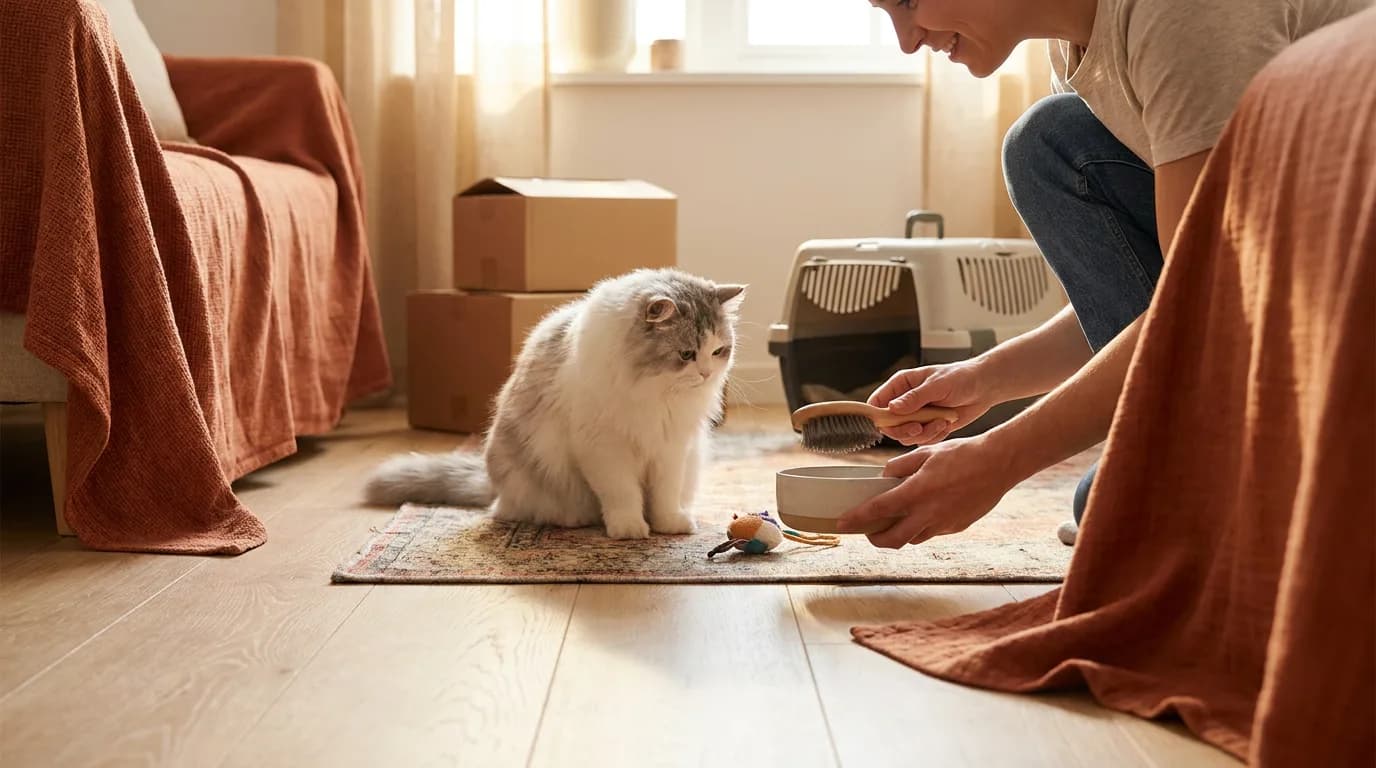 White and gray longhaired cat beside an owner, carrier, bowls and grooming supplies.