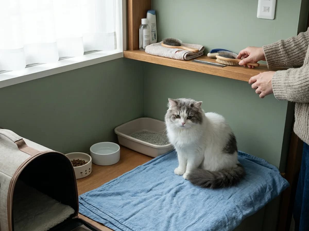 Longhaired cat beside a carrier, bowls, litter tray and grooming tools.
