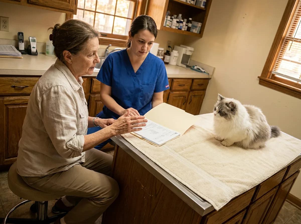 Owner and veterinary professional discussing paperwork beside a white and gray cat.