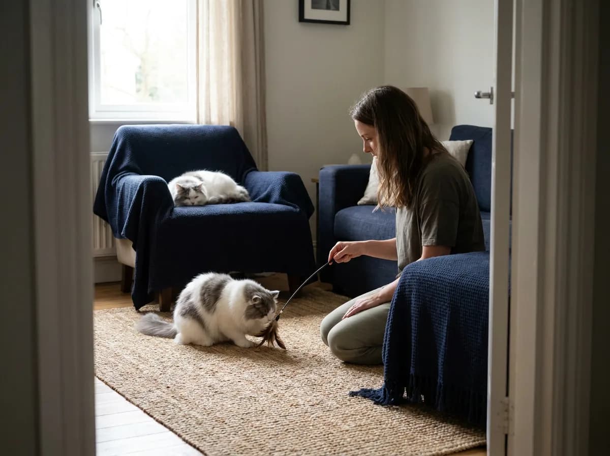 Woman using a wand toy with a cat on the floor while another cat rests on a chair.