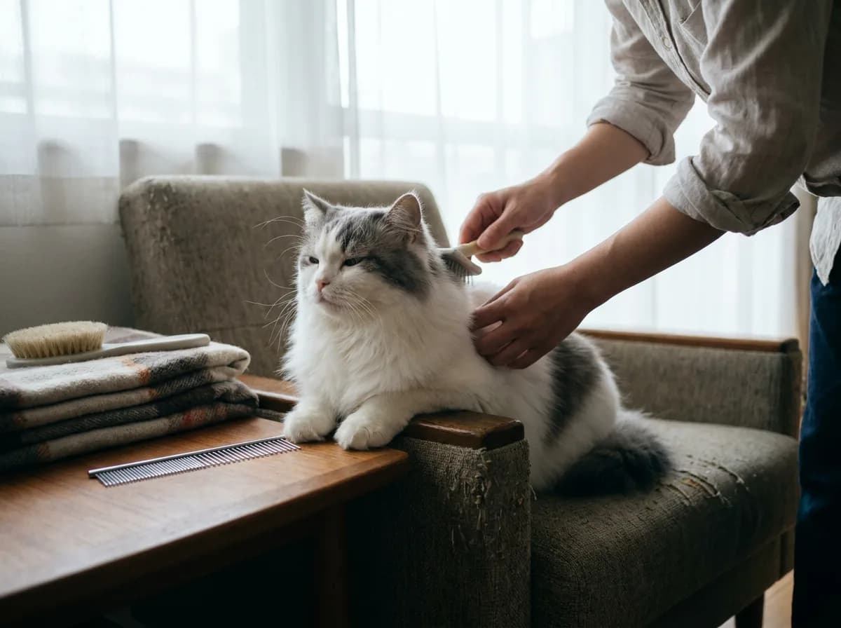 Longhaired white and gray cat receiving gentle grooming beside a brush and comb.