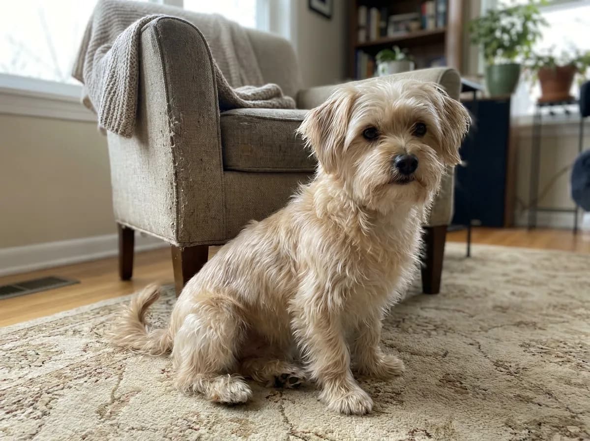 Cream dog sitting on a patterned rug beside an armchair.
