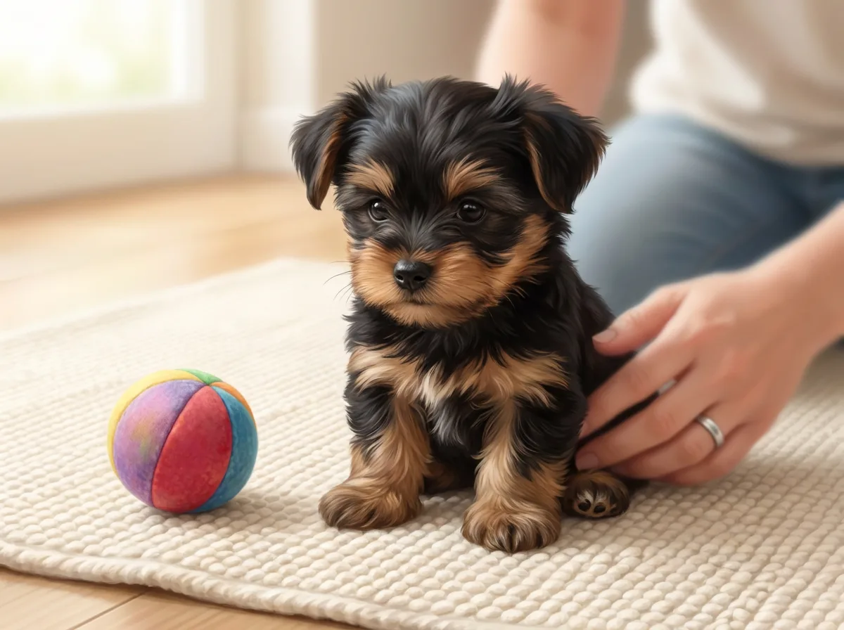 Black-and-tan puppy sitting beside a fabric ball while a person rests a hand near its back.