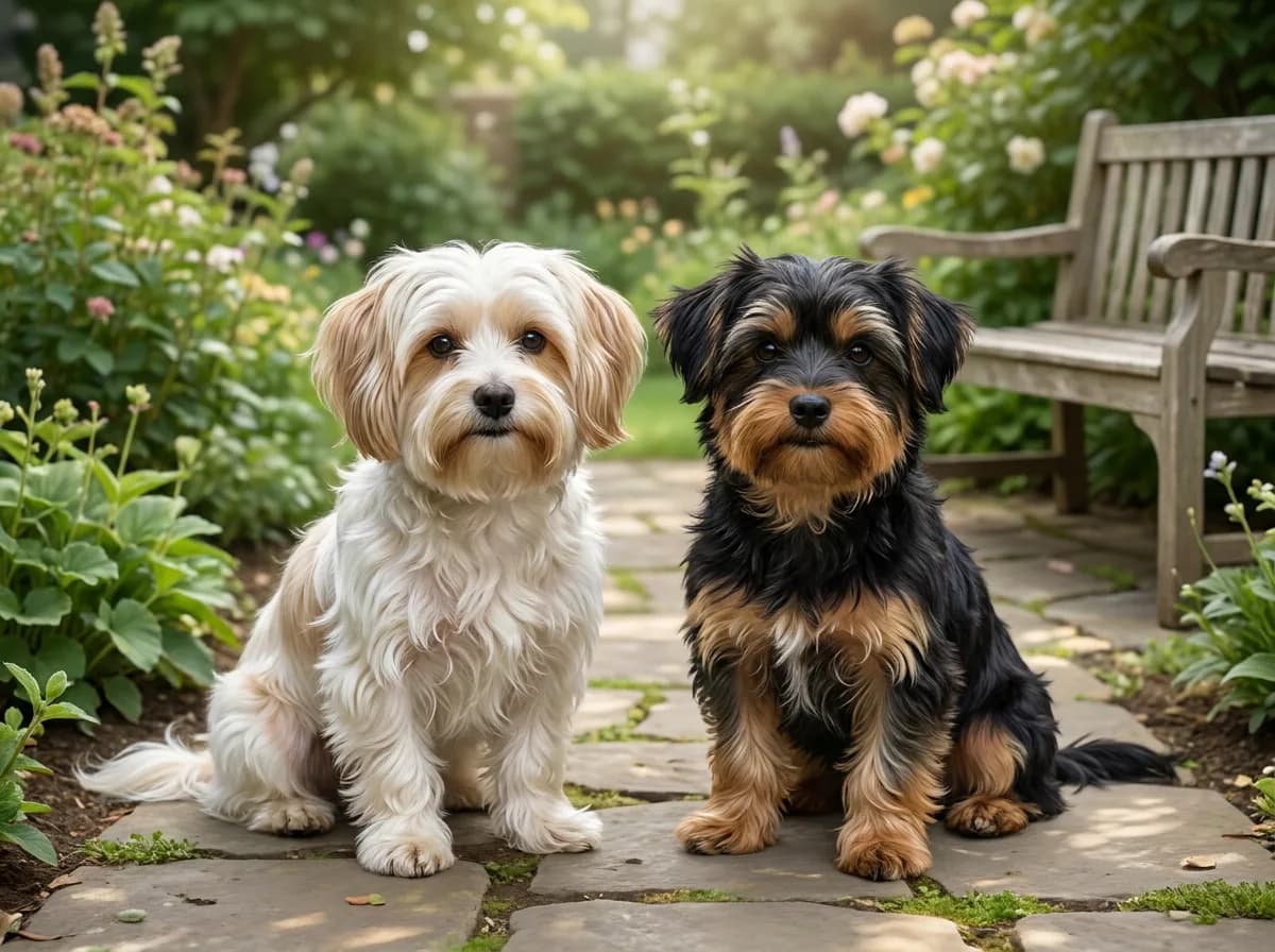 Cream-and-tan dog and black-and-tan dog sitting together on a garden path.