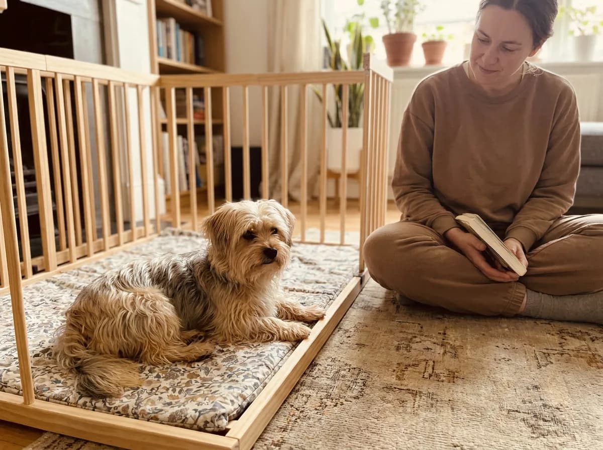 Small tan dog lying on a mat inside an open wooden pen beside a seated person.