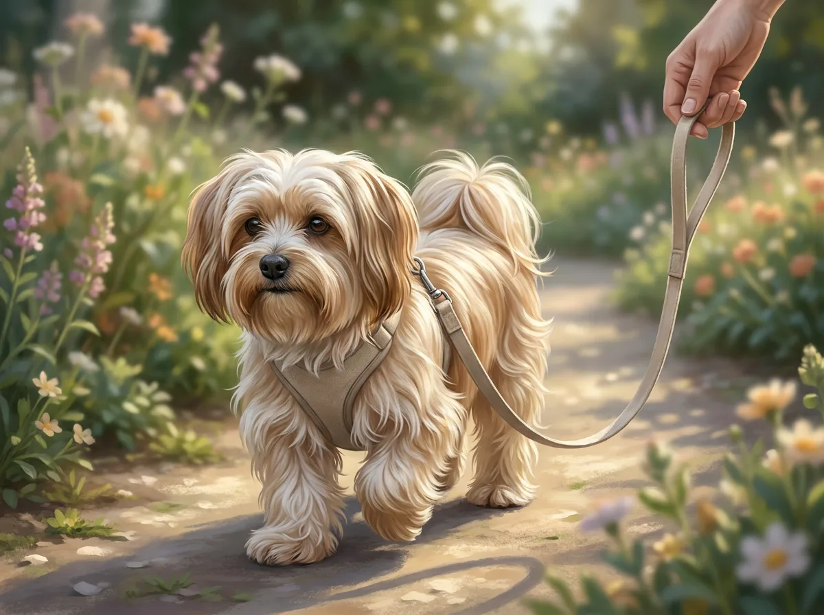 Long-haired tan dog walking along a garden path in a harness and loose lead.