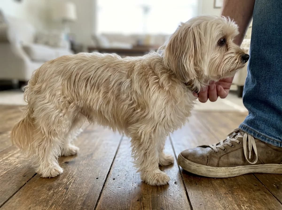 Small cream dog standing side on beside an adult shoe and lower leg.