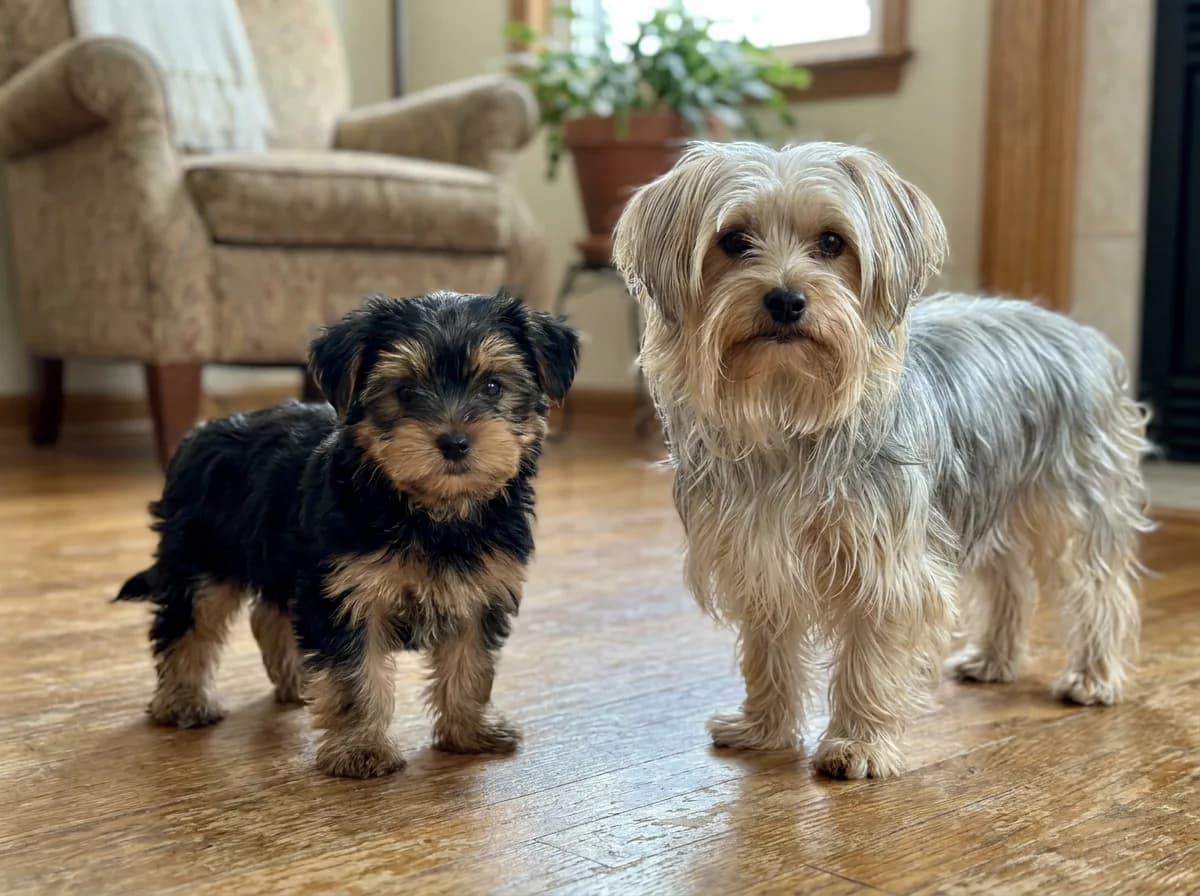 Black-and-tan puppy standing beside a larger silver-and-tan adult dog on a wood floor.