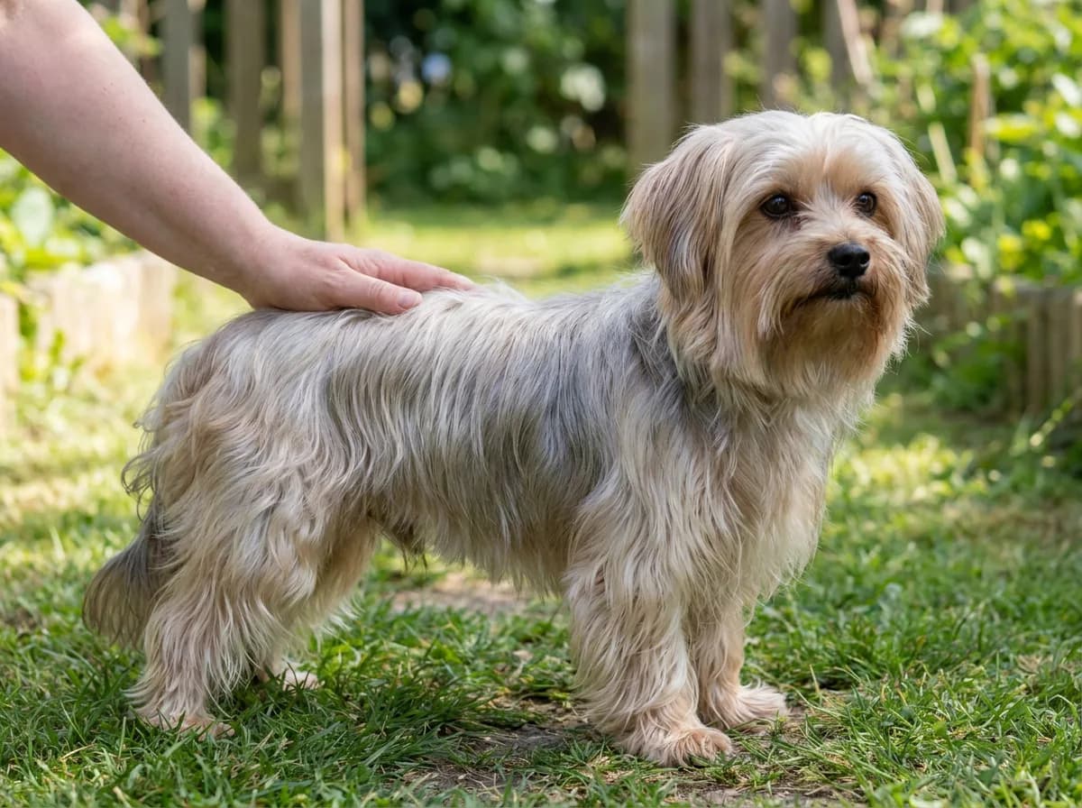 Silver-and-tan dog standing side on in grass while a hand rests on its back.