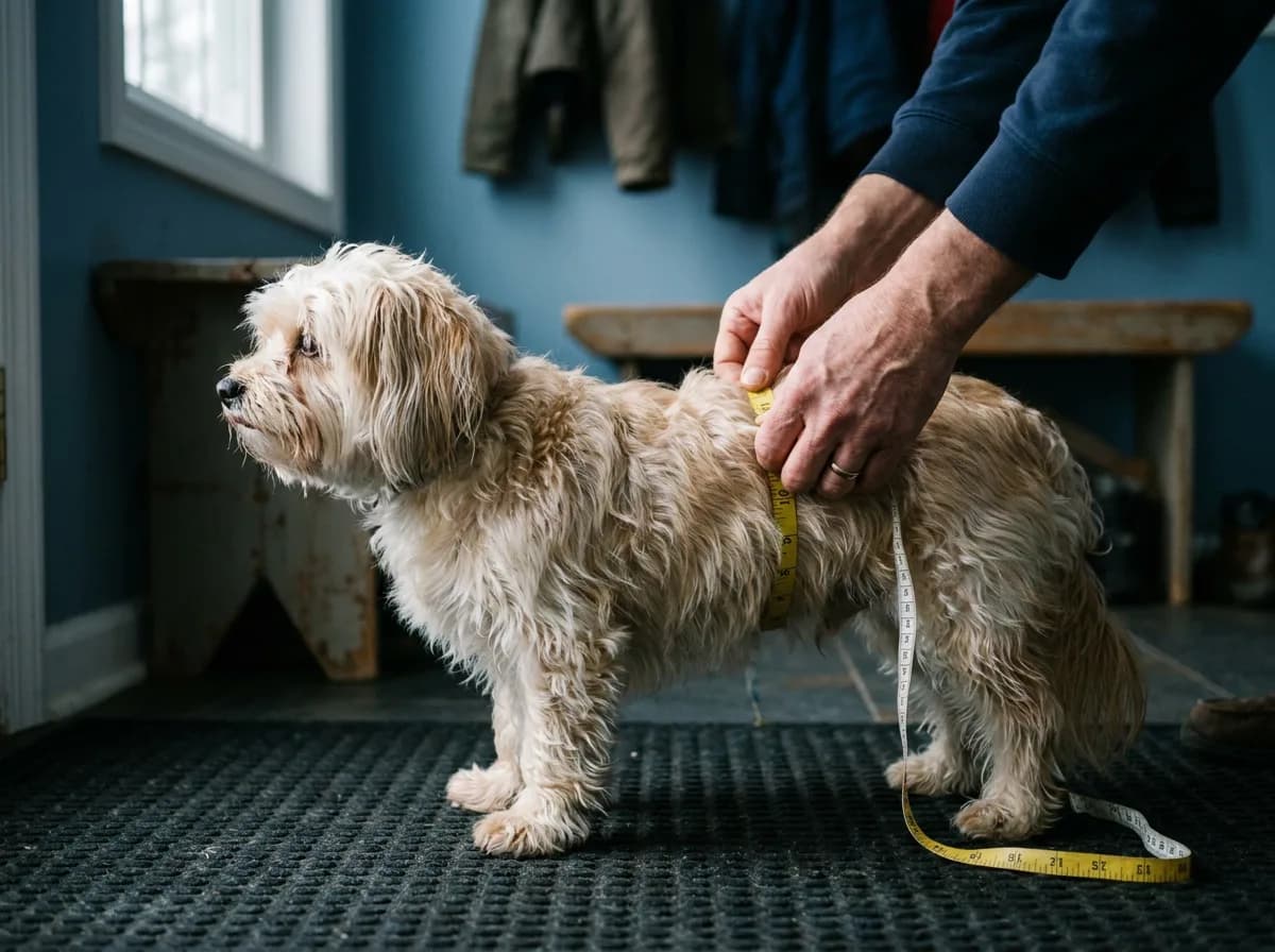 Person placing a flexible tape around a small cream dog's torso while it stands on a dark nonslip mat.