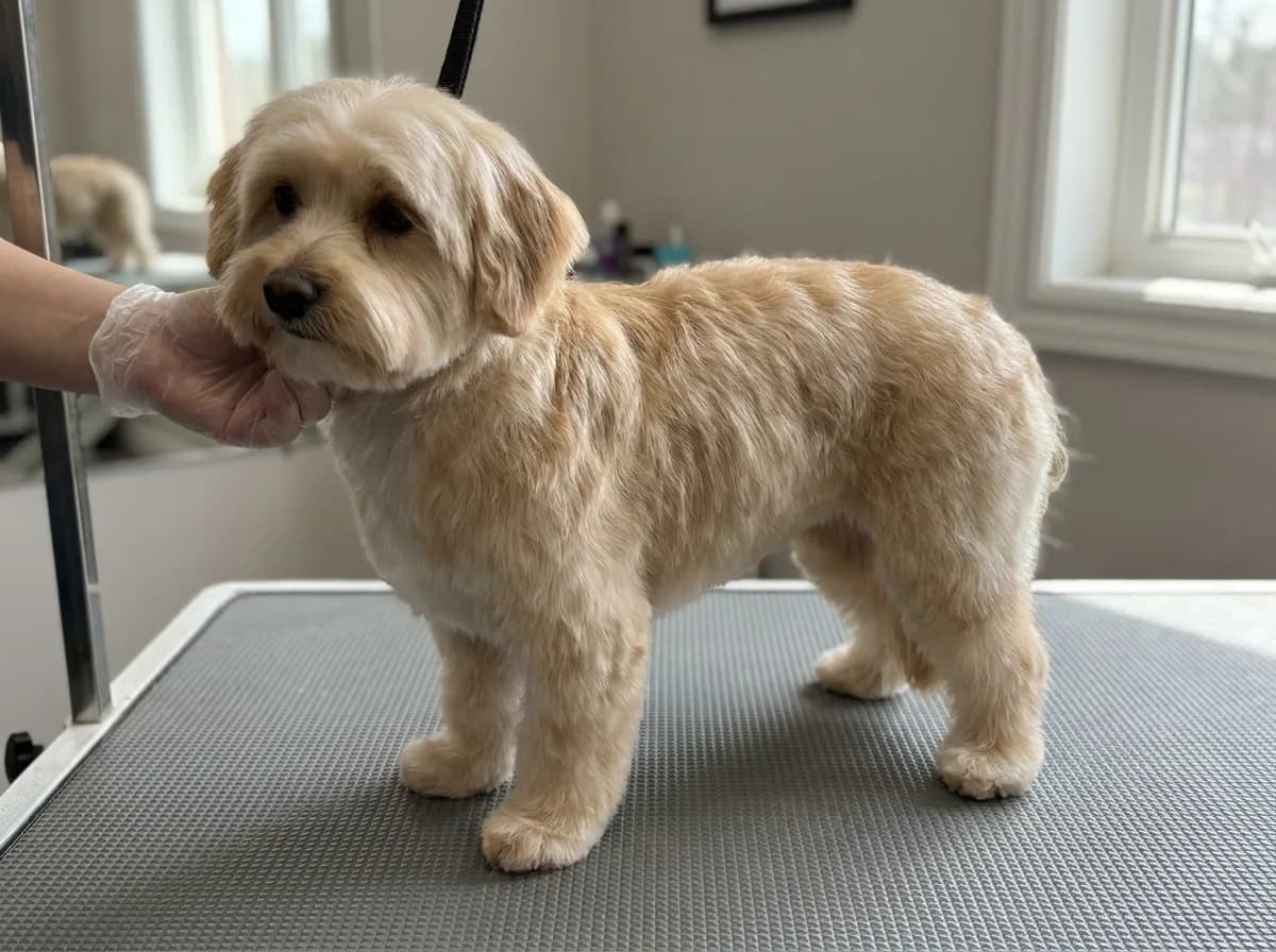 Cream-and-tan dog with a medium pet trim standing side on on a grooming surface.